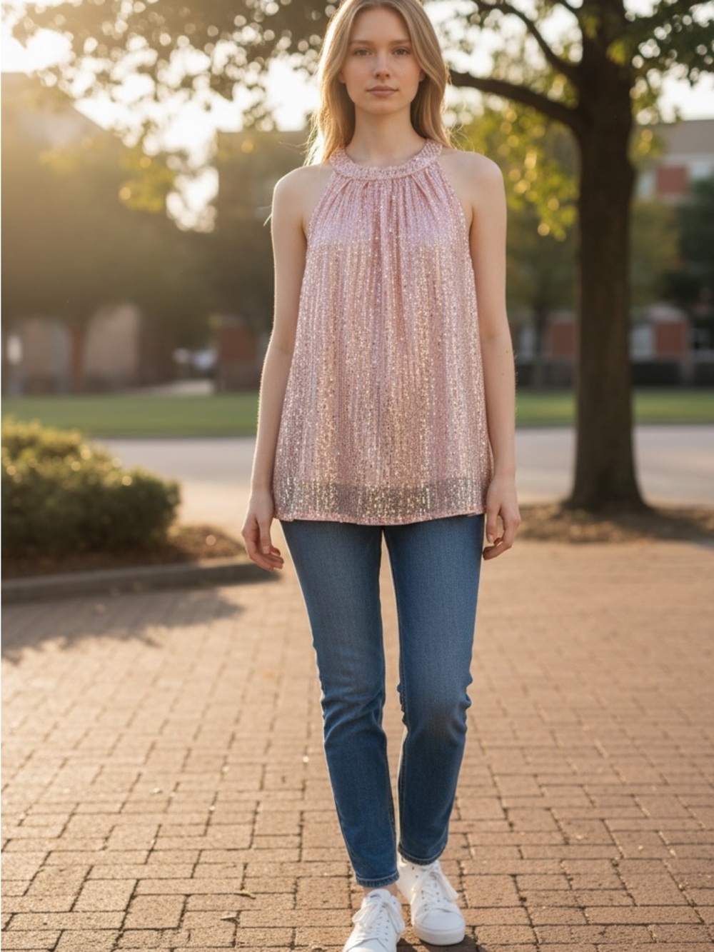 Grace Karin Pink Sequin Halter Camisole Top